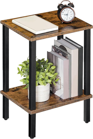 2-Tier End Table with Storage Shelf, Narrow Nightstand for Small Space, Rustic Brown