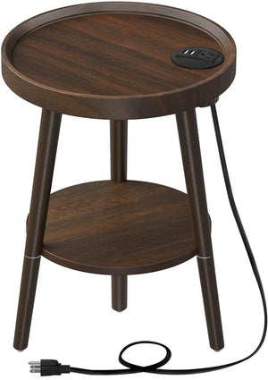 End Table with Charging Station, Round Side Table with Storage Shelf, Brown