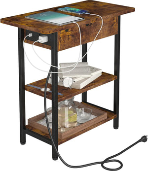 Narrow End Table with Charging Station, Slim Couch Side Table with USB Ports & Outlets, Brown