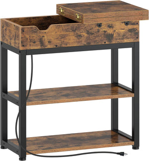 End Table with Charging Station, Narrow Nightstand, Flip Top Side Table with USB Ports , Rustic Brown