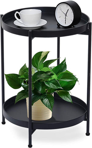 Black Folding End Table 2-Tier Metal Round Side Table with Removable Tray for Living Room,(15.2”Dx20”H)