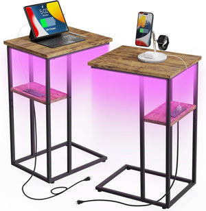 C Shaped End Table with LED Light Strip, Fast Charge Type C & USB Ports, Small Sofa Snack Laptop Side Table, Rustic Brown