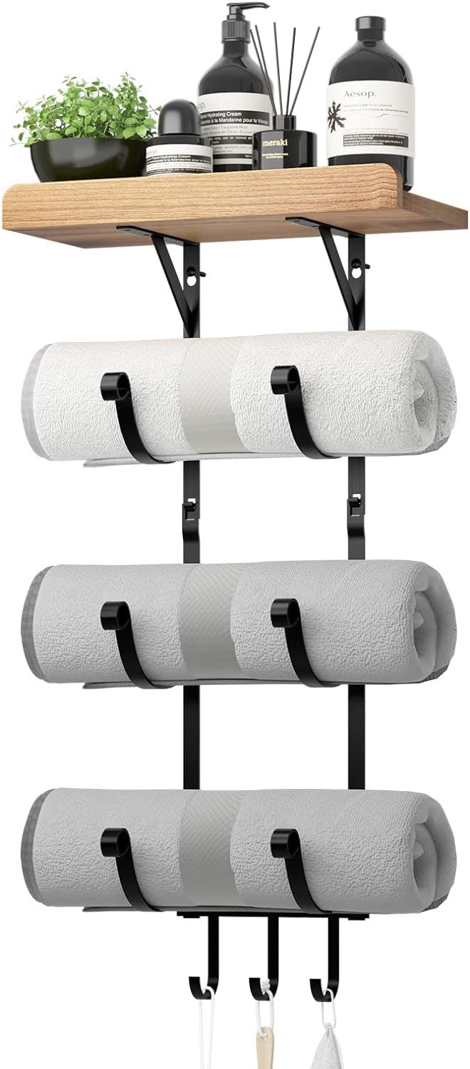 Wall Mounted 3 Tier Modern Decorative Bathroom Towel Holder, 3 Bath Sheets for Storage of Bathroom Towels Yoga