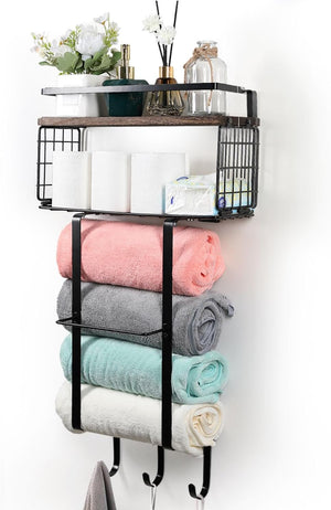 Wall Mounted Towel Holder for Rolled Towels with Wooden Shelf & 3 Hooks, Hand Towels, Bath Organizer Decor