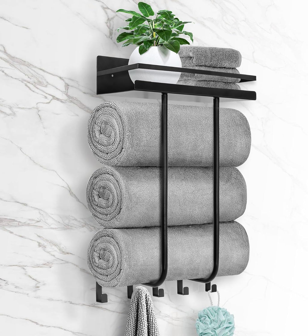 Towel Rack Wall Mounted with Metal Shelf and 5 Hooks for Small Bathroom for Rolled Towels Organizer, Black