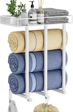 Wall Mounted Towel Rack with Metal Shelf & 3 Hooks, Bath Towel Storage for Rolled Towels Organizer (White)