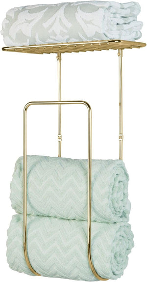 Wall Mount Towel Rack Holder Organizer with Basket Shelf Storage for Bathroom, Soft Brass