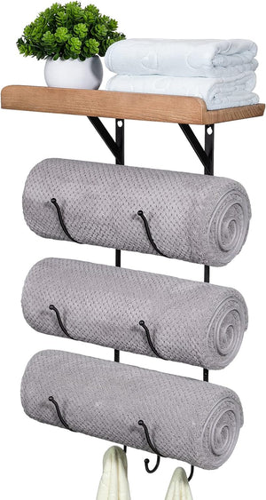 Bath Towel Holder Storage Hand Towels w/Wood Shelf and 3 Hooks for Small Bathroom Organizer Decor or RV Camper, Black