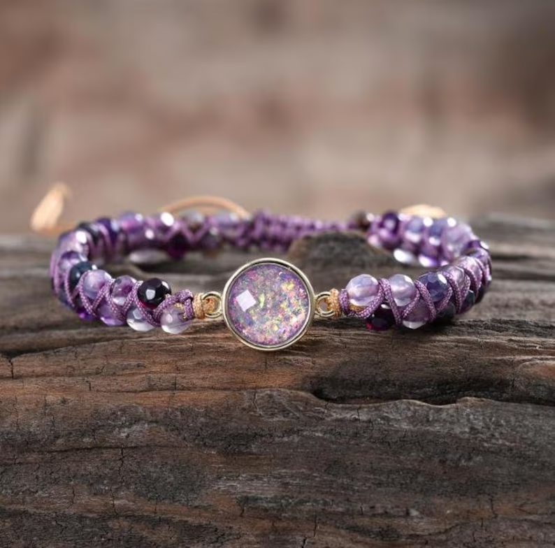 Braided Amethyst Beads Opal 2 strands Healing Reiki Women Girls Bracelet Gift