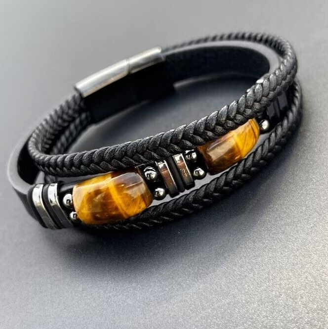 Men Bracelet Natural Tiger's Eye 3 Strands Leather Stainless Steel Bracelet Gift