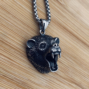 Mens Vintage Stainless Steel Grizzly Bear Head Claw Pendant Necklace Men