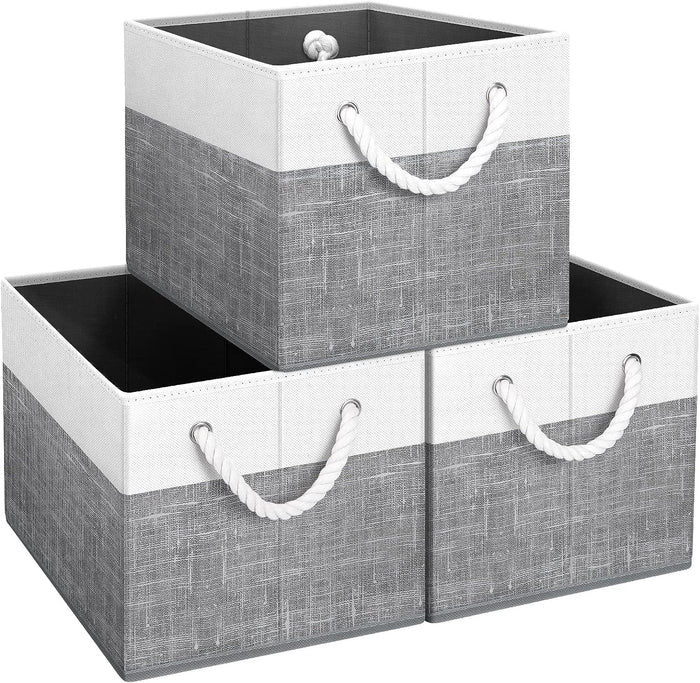 3 Pack Foldable Storage Baskets for Organizing Toys, Books, Shelves, Closet, Large Storage Box with Rope Handles, Grey