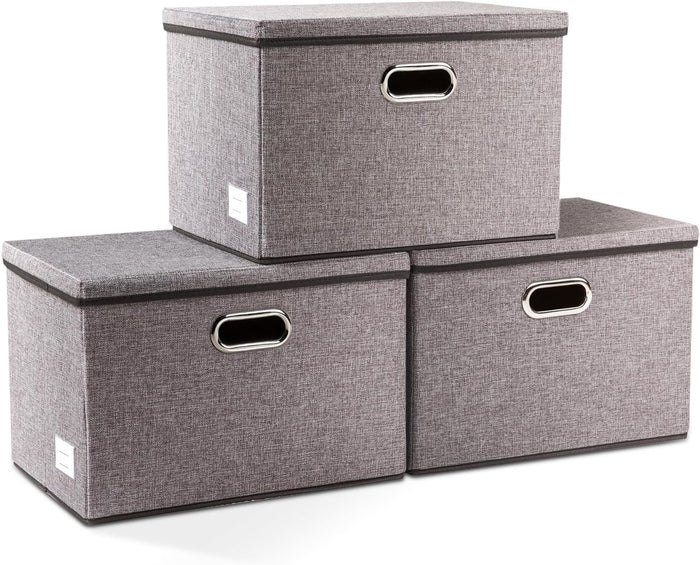 Large Collapsible Storage Bins with Lids [3-Pack] Linen Fabric Foldable Storage Boxes Organizer, Grey