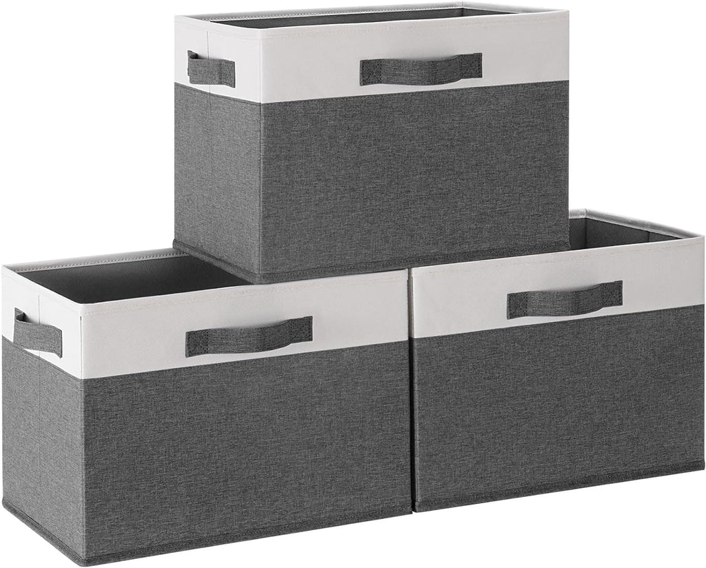 [3-Pack] Large Fabric Storage Bins for shelves, Sturdy Closet Storage Bins with 3 Handles (Grey, 15" x 11" x 9.6")