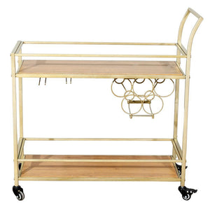 2-Layer Bar Serving Cart with Wine Rack and Glass Holder Wheeled Metal Frame