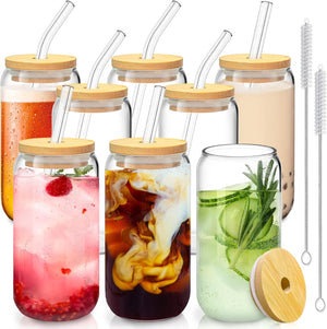 8 Pcs Drinking Glasses with Bamboo Lids and Glass Straw - 16 Oz Can Shaped Glass Cups Beer