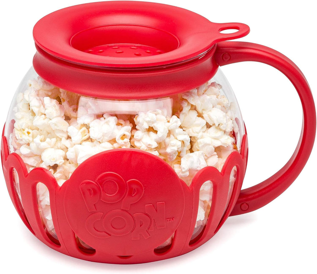 Micro-Pop Microwave Popcorn Popper with Temperature Safe Glass, 3-in-1 Lid Measures Kernels and Melts Butter, 1.5-Quart, Red