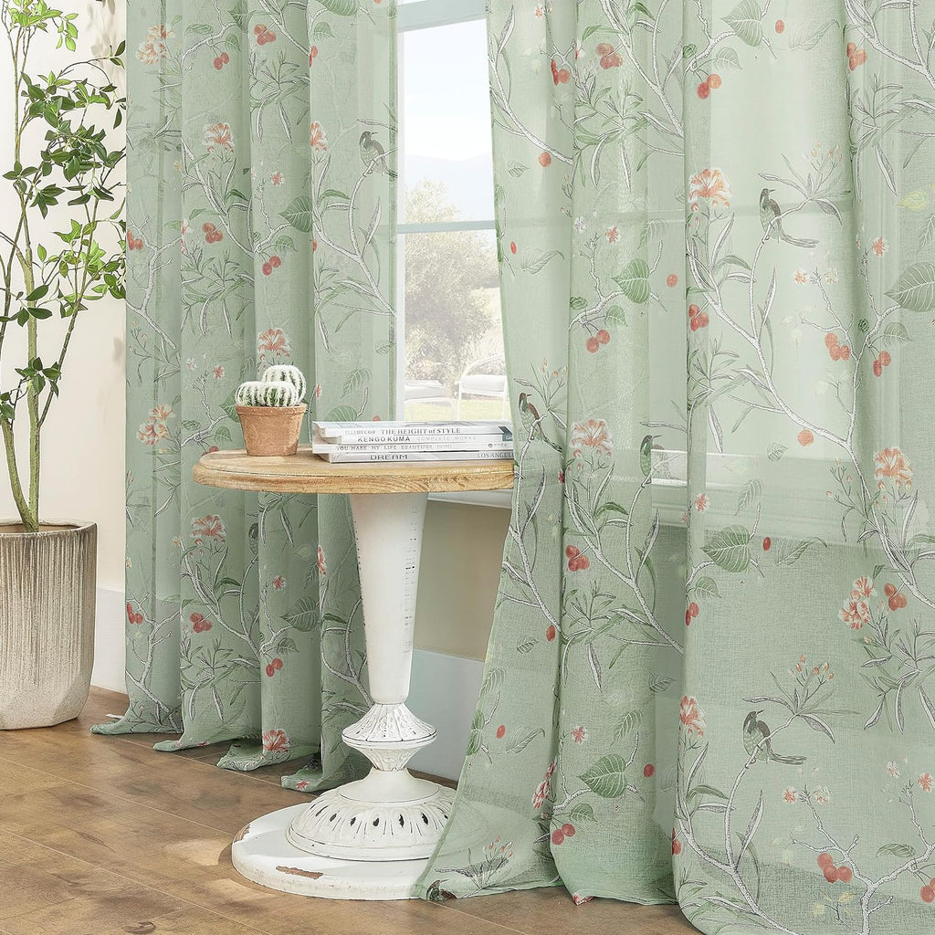 Sage Green Curtains for Living Room 84 Inches Long 2 Panels Set Leaf Spring Printed Pattern Floral Bird