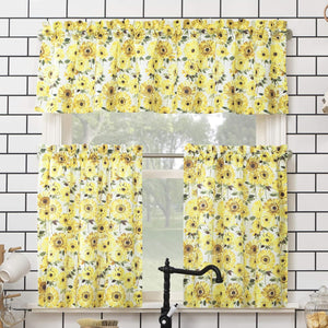 Sunbeam Sunflower Print Semi-Sheer Rod Pocket Kitchen Curtain Valance and Tiers Set, 54" x 36", Yellow