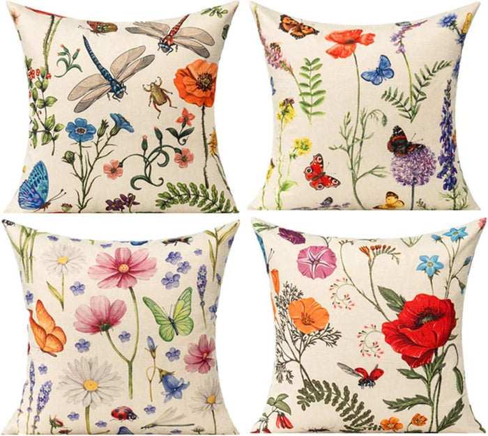 Outdoor Patio Throw Pillow Covers Spring Summer Garden Flowers Farmhouse Decor, 18x18 Set of 4