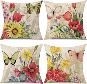 Set of 4 Decorative Spring Pillow Covers Linen Flower Butterfly Farmhouse Pillowcases, 18 x 18
