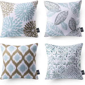 Set of 4 New Living Series Leaf Geometric Blue and Coffee Throw Decorative Pillow Cover Cushion Cover 18 x 18 inches