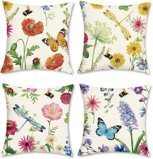 Set of 4 Wildflowers Plants Butterfly Patio Decorative Pillow Cushion Cases
