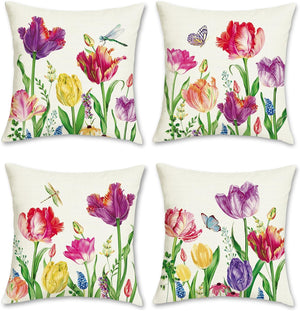 Tulip Spring Floral Pillow Covers 18 x 18 Inch Set of 4, Farmhouse Garden Colorful Pillows Case