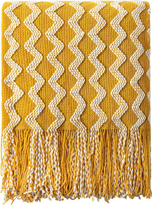Acrylic Knitted Throw Blanket, Lightweight and Soft Cozy Decorative Woven Blanket with Tassels, 51x67 Inches, Mustard Yellow