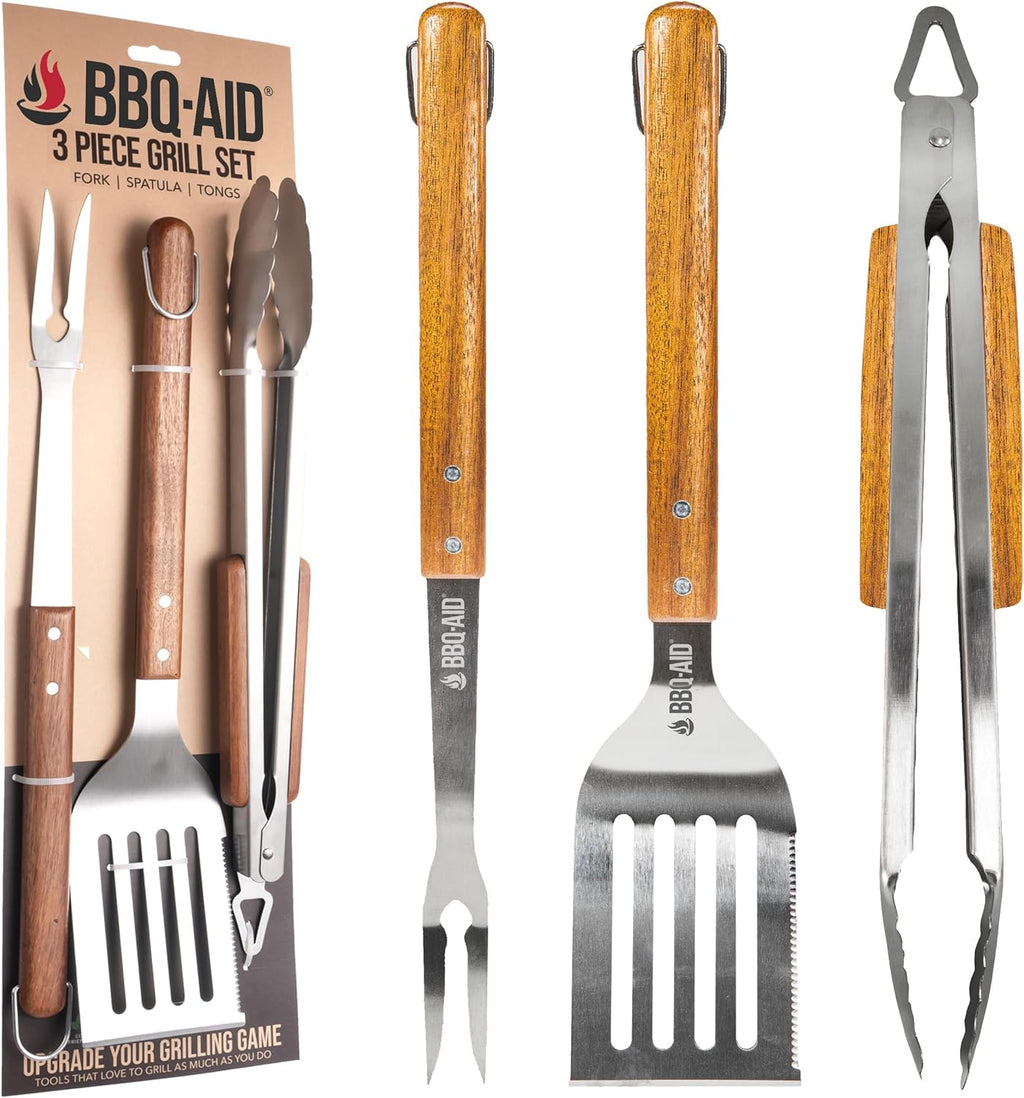 3 Piece Grill Set BBQ Accessories - Kitchen Tongs, Metal Spatula & Fork Utensils
