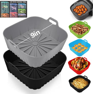 9 Inch Reusable Air Fryer Pot - Air Fryer Accessories - Air Fryer Inserts for 6 to 9 QT for Oven Microwave Accessories (9 Inch-Grey+Black)