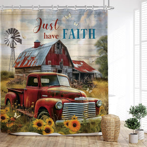 Rustic Farmhouse Shower Curtain 60Wx72L Inches Retro Red Truck Positive Quote Vintage Sunflowers