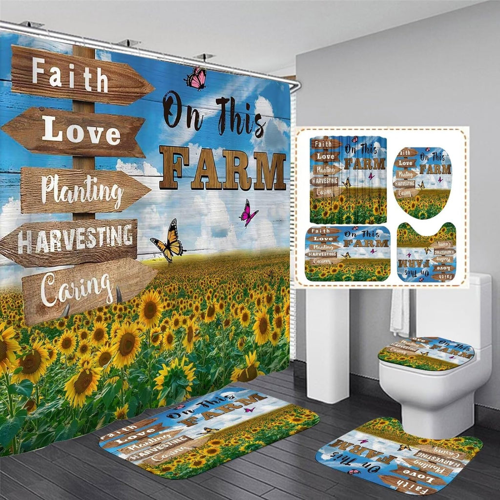 4PCS Farm Animal Shower Curtain Set Sunflower Country Rustic Farmhouse Bathroom Decor Set