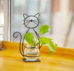 Desktop Glass Planter Vase Holder, Metal Cat Plant Terrarium Stand for Plants