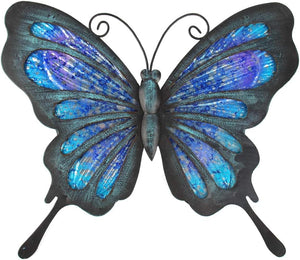 Metal Butterfly Wall Decor Glass Outdoor Wall Art Sculpture Hanging Garden Decorations Blue for Home Garden