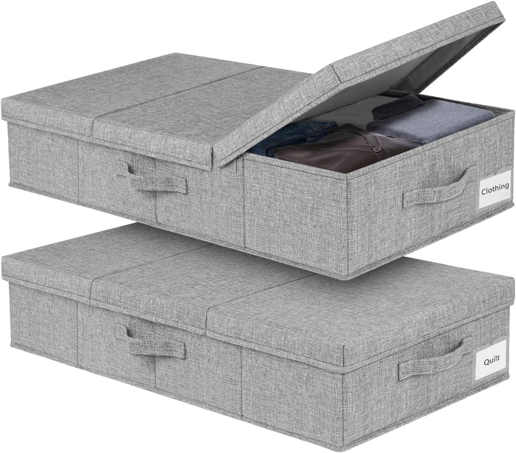 Large Underbed Storage Containers with Lids, Foldable Clothes Storage Bins W/Reinforced Handle, 2 Pack, Grey