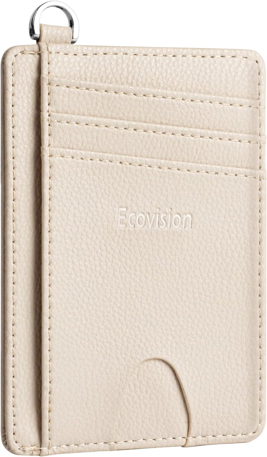 Slim Minimalist Front Pocket Wallet, RFID Blocking Credit Card Holder Wallet with Detachable D-Shackle, Beige