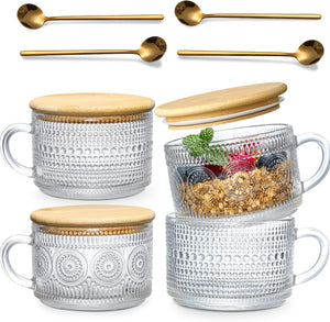 4pcs Set Vintage Coffee Mugs gifts for women, Overnight Oats Containers with Bamboo Lids and Spoons - 14oz Clear