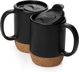 Set of 2 15 OZ Coffee Mug with Cork Bottom and Splash Proof Lid, Ceramic Mug with Large Handle, Black