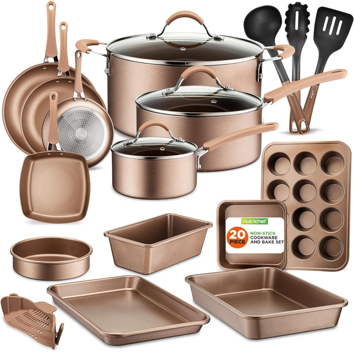 20 Piece Professional Home Kitchen Cookware and Bakeware, Pots and Pans Set Non Stick Kitchenware, Matte Gold