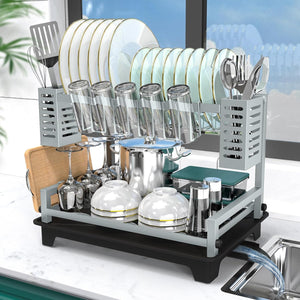 2 Tier Dish Racks for Kitchen Counter, Large Dish Drying Rack with Drainboard & Utensil Holders, Gray