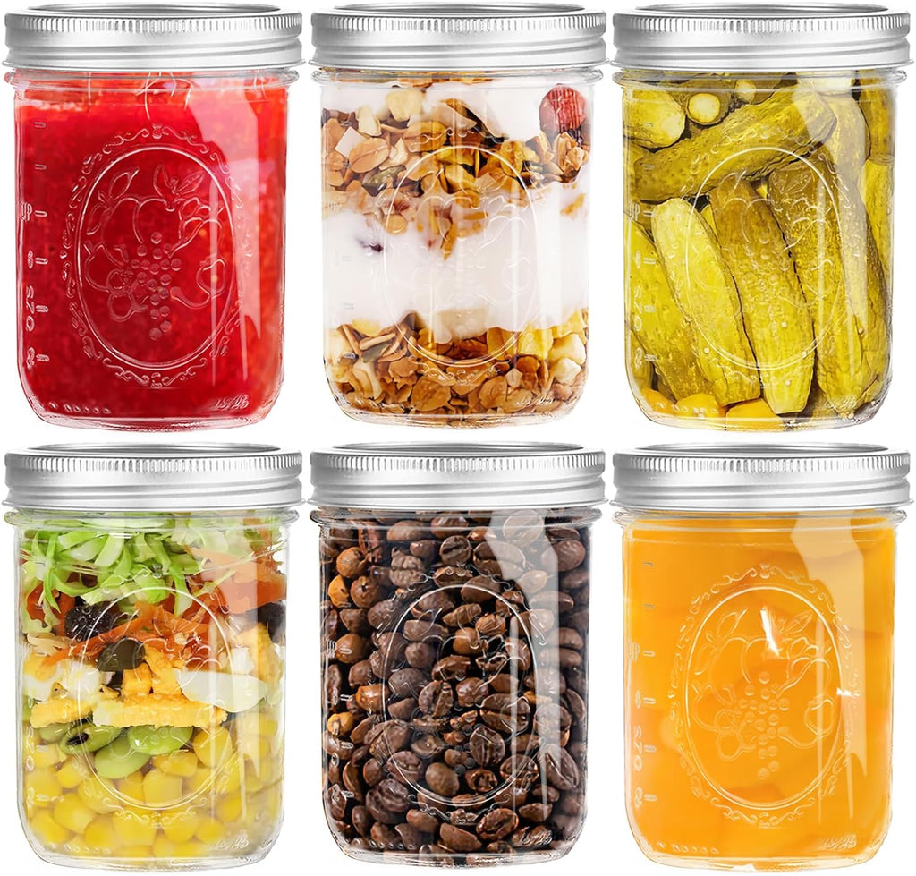 6 Pack Glass Mason Canning Jars with Metal Airtight Lids and Bands Containers for Fruit Storage,16 oz