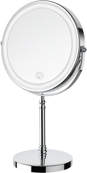 Lighted Makeup Mirror, 8" Rechargeable Double Sided Magnifying Mirror with 3 Colors, 1x/10x 360° Rotation Touch, Chrome