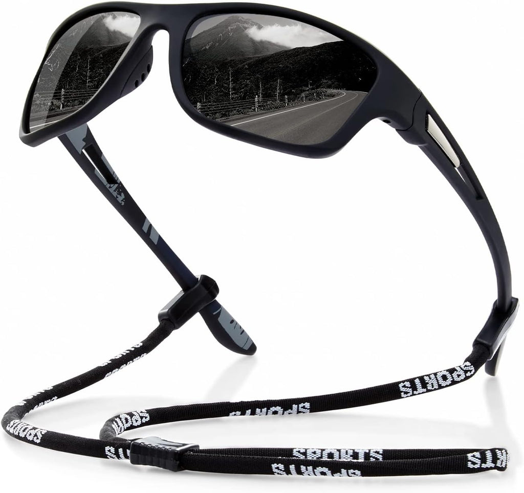 Polarized Sports Sunglasses for Men: UV400 Protection Glasses, Black
