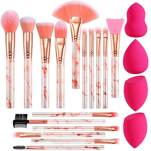 Professional Makeup Brushes Set 16PCS Marble Handle with 4PCs Sponge Blenders, Pink