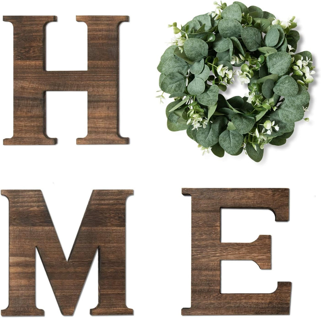 Rustic Wooden Home Sign with Artificial Eucalyptus Wreath Wall Hanging, 9.8 x