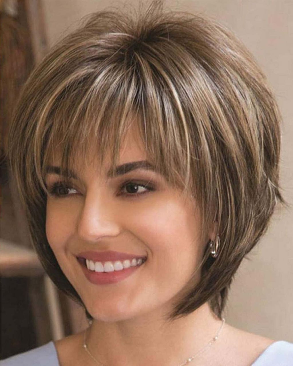 Pixie Cut Layered Wigs with Bangs Straight Synthetic Hair (Blonde Mixed Brown)