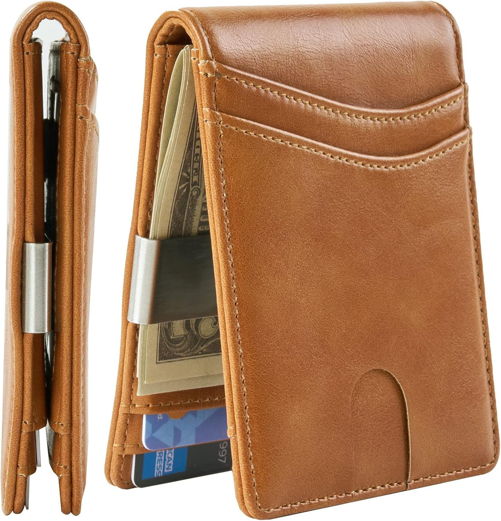 Premium Leather Wallet with Money Clip, RFID Blocking Front Pocket Stylish Bifold Wallet (Class Brown)