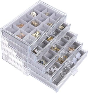 Earring Jewelry Organizer with 5 Drawers, Gift for Mom, Clear Acrylic Jewelry Box, Gray