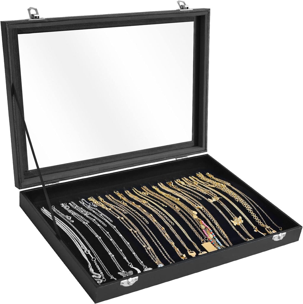 Premium 20 Hooks Necklace Display Jewelry Tray with Transparent Lid, Black